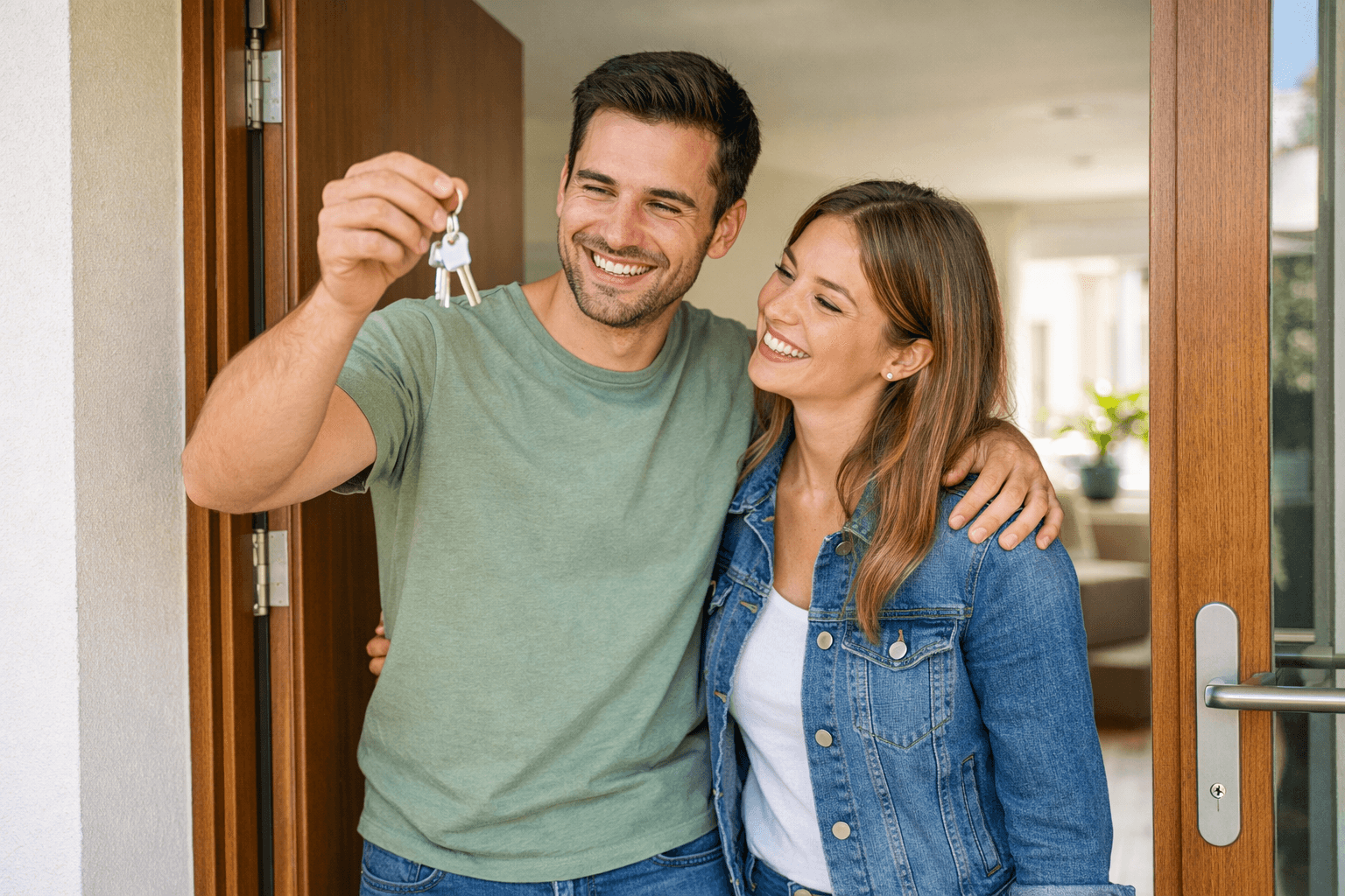 pareja entrando en su nueva vivienda con las llaves tras comprar una casa en España
