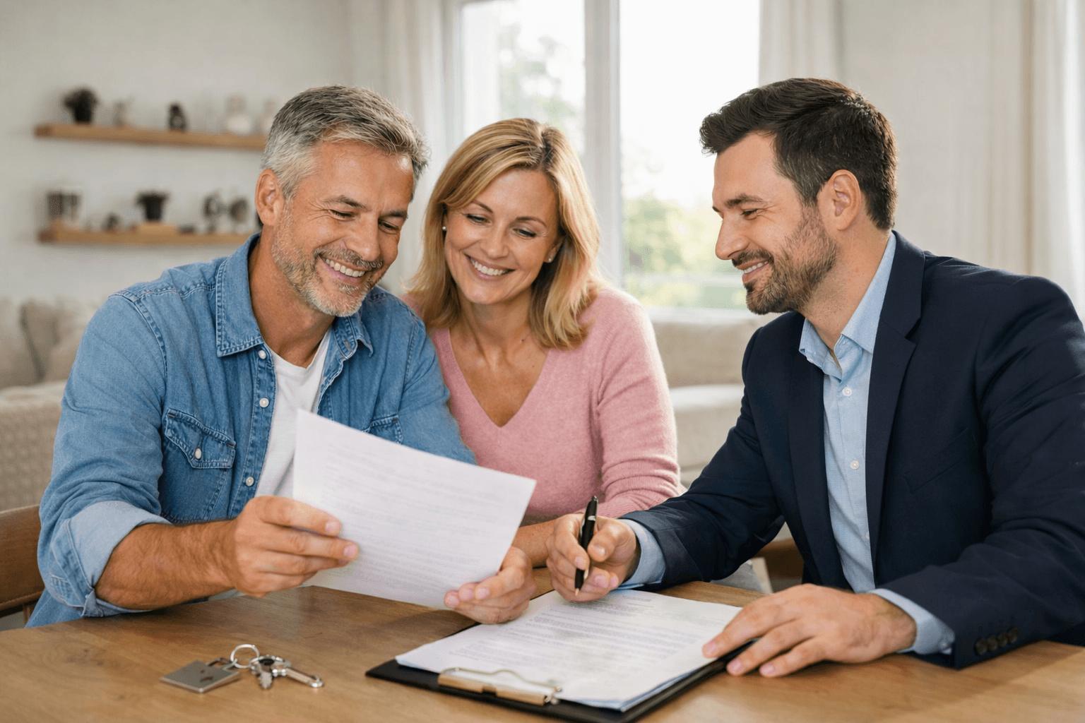 asesor inmobiliario revisando documentos de compraventa de vivienda con propietarios en España