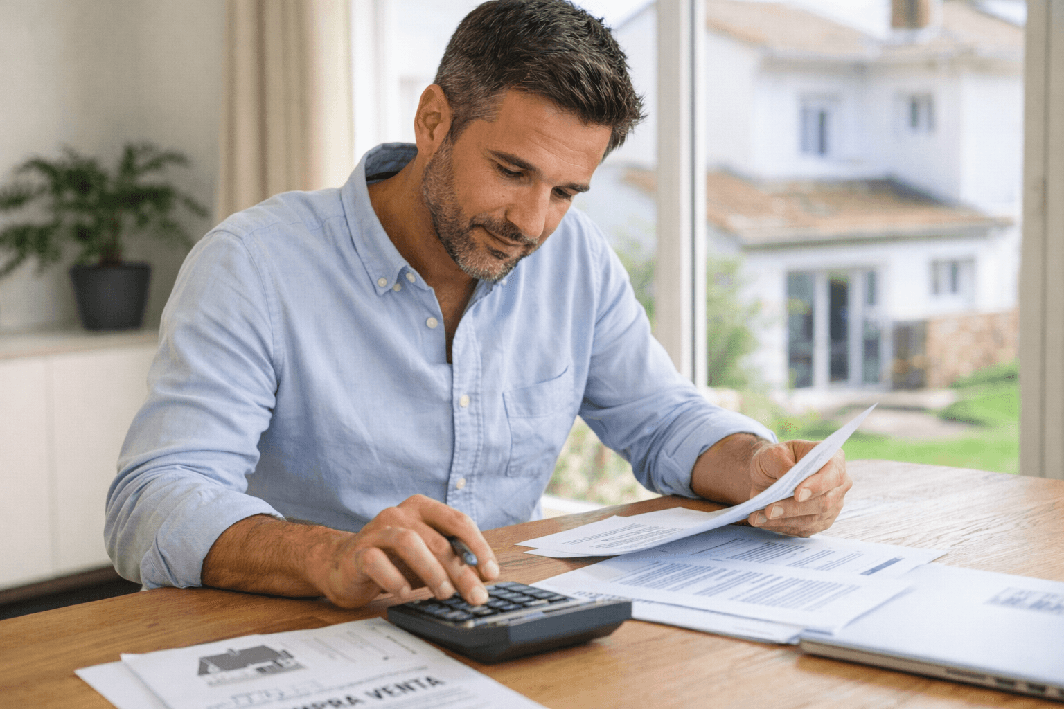 asesor revisando documentos y calculando impuestos al vender una vivienda en Cantabria