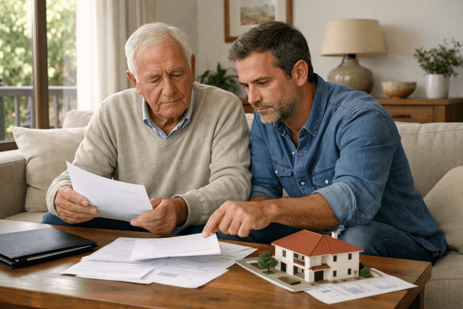 persona mayor con su hijo revisando la donación de una vivienda en España