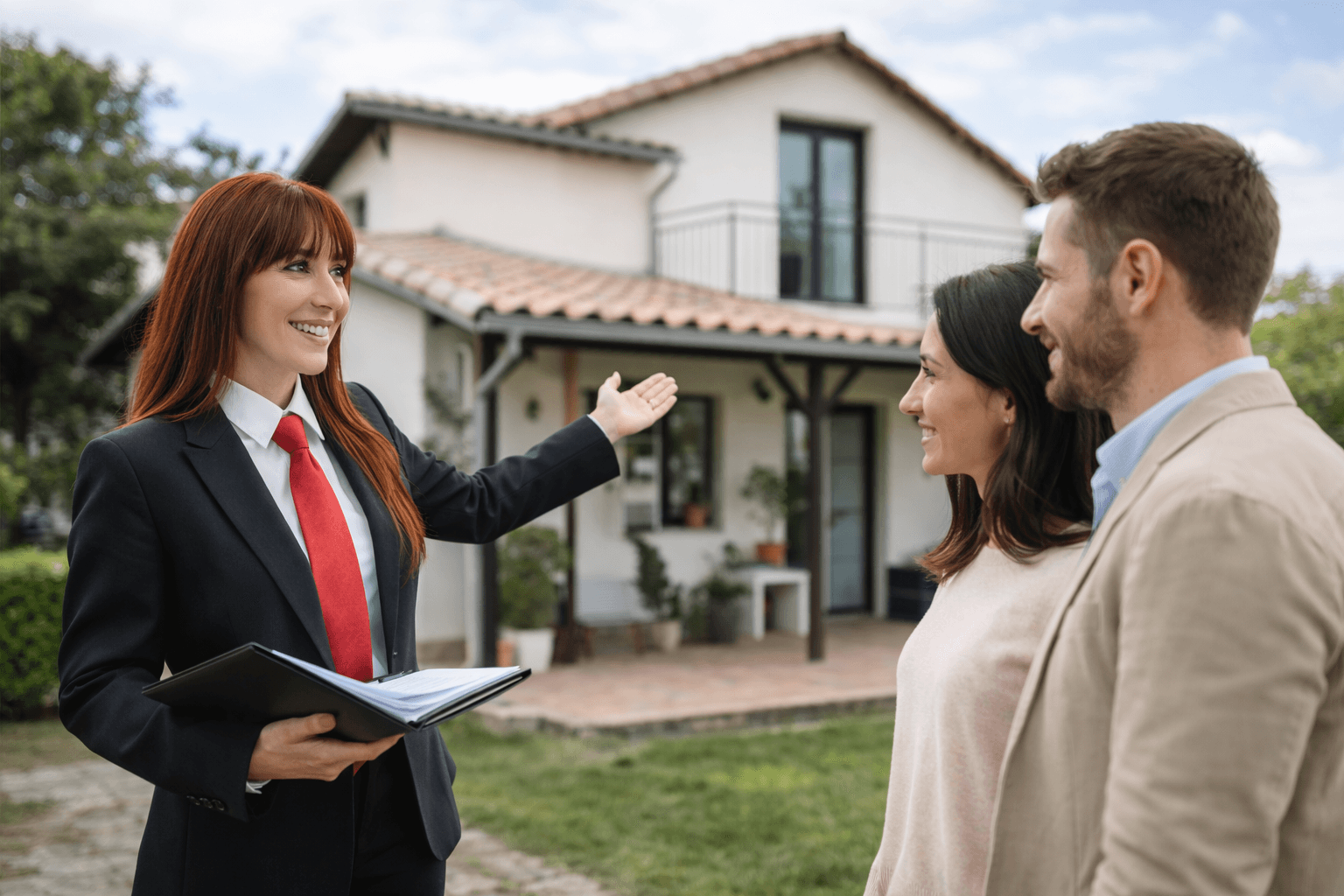 Rebeca asesora inmobiliaria enseñando una vivienda a unos compradores en Cantabria