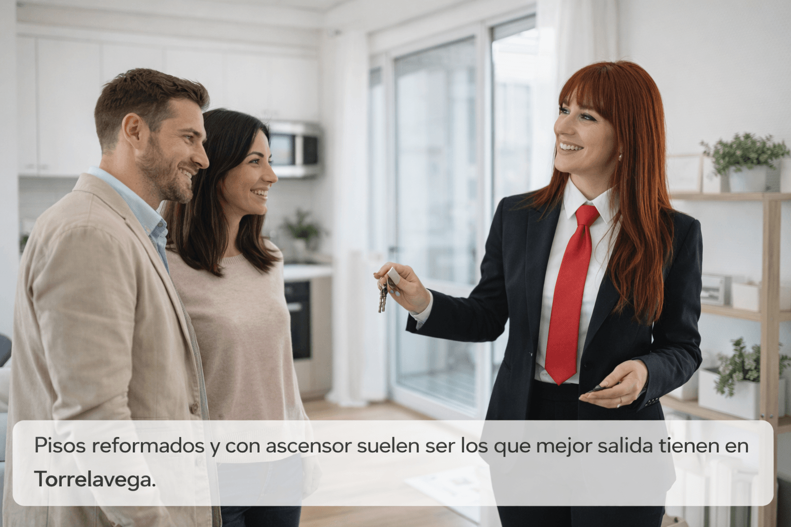 visita de piso en torrelavega con asesora inmobiliaria mostrando una vivienda a compradores