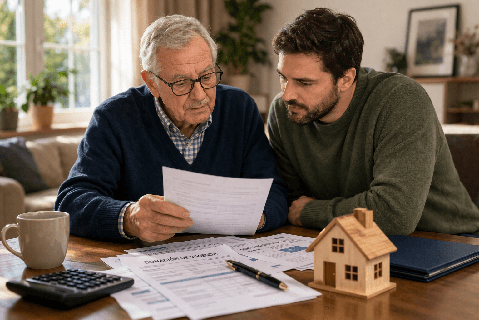 persona mayor revisando documentos de donación de vivienda con su hijo en España