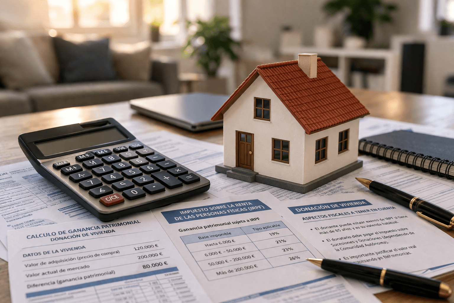 cálculo de ganancia patrimonial al donar una vivienda en España con documentos y calculadora