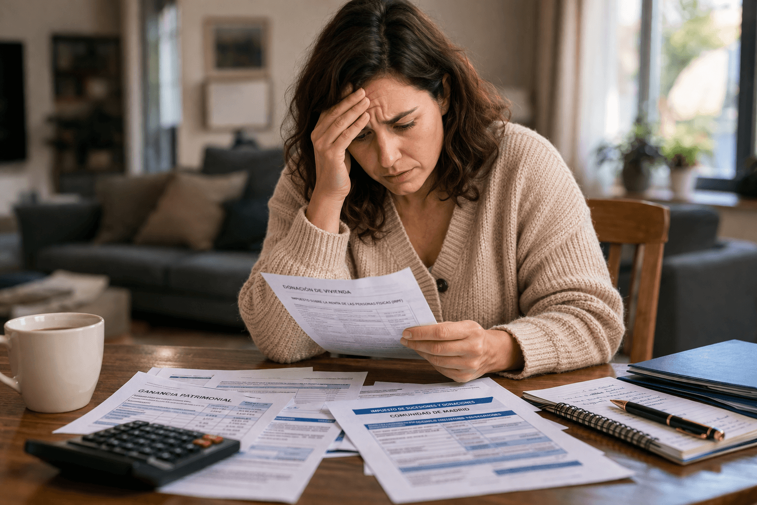 persona preocupada revisando impuestos de una donación de vivienda en España