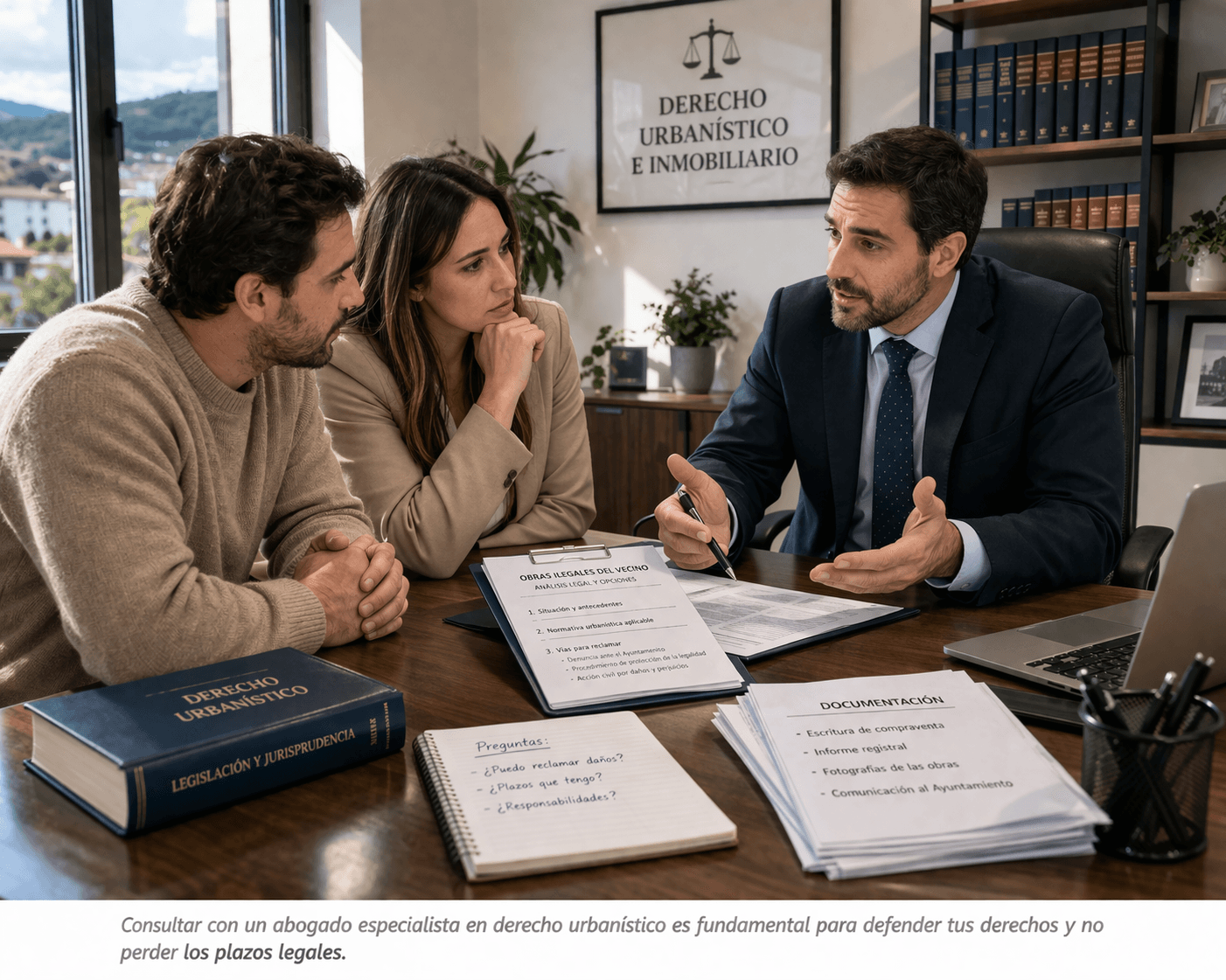 abogado asesorando a propietarios afectados por obras ilegales del vecino