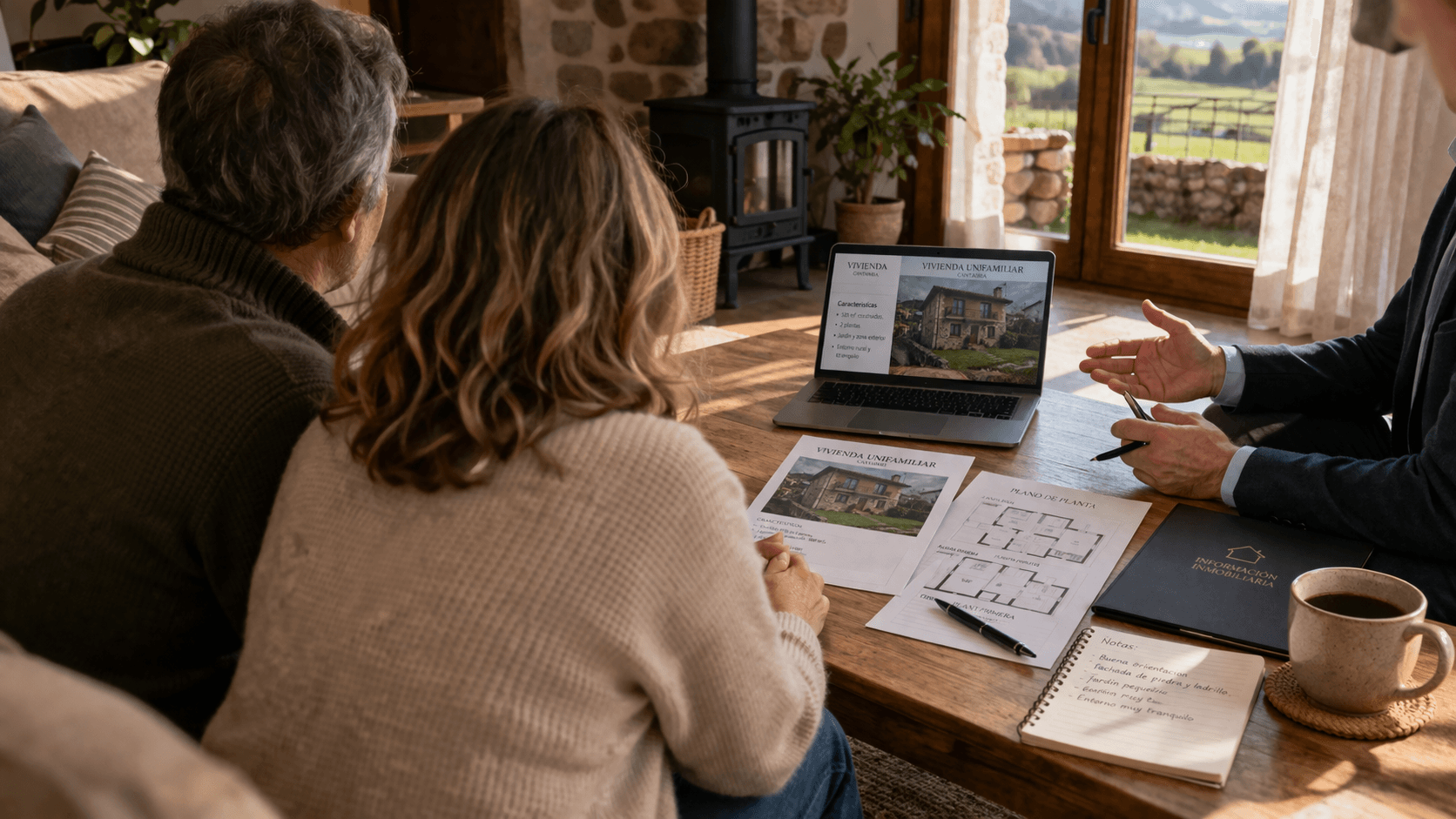 Agente inmobiliario asesorando a propietarios para vender casa en Reocín Cantabria
