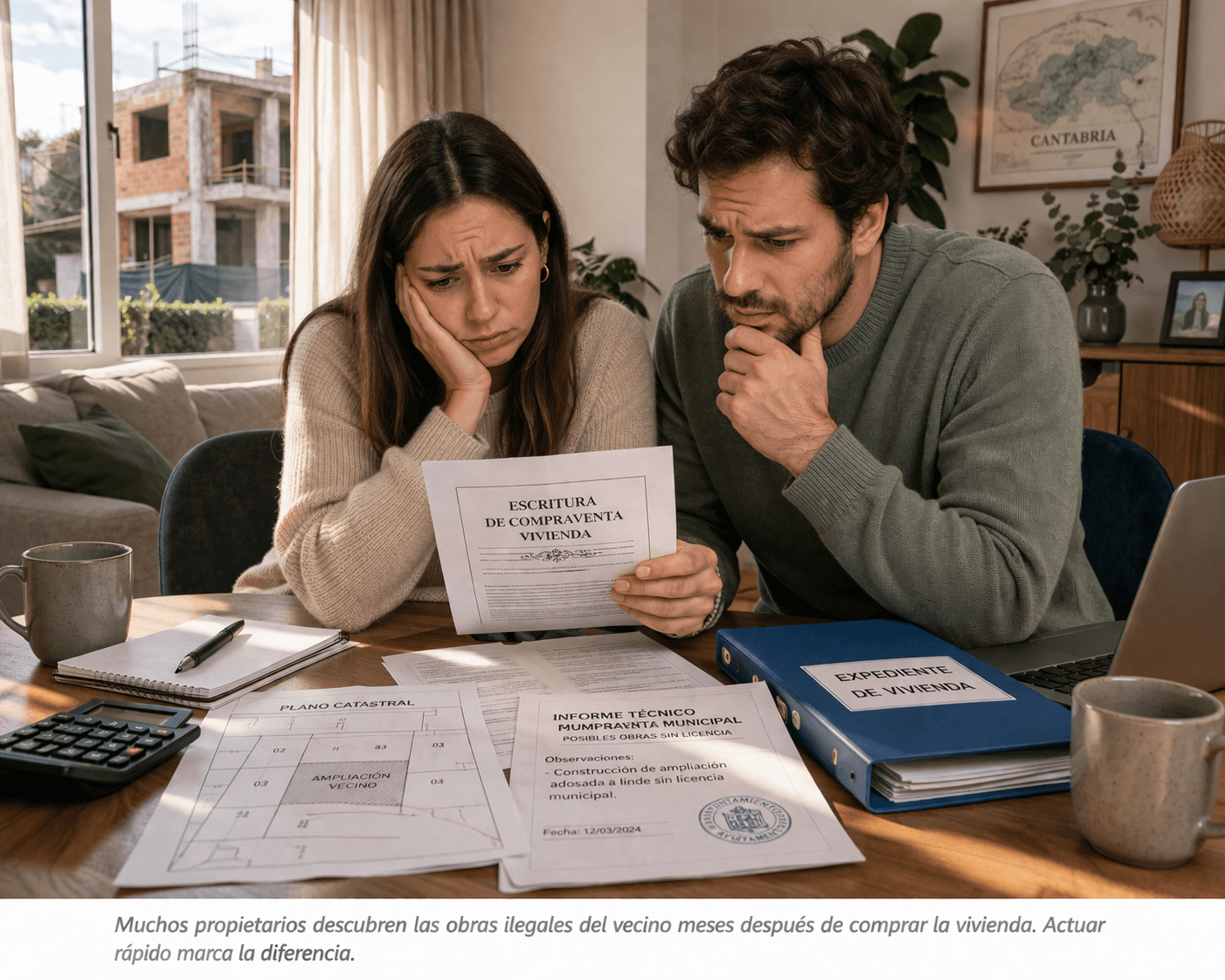 pareja afectada por obras ilegales del vecino revisando documentos legales