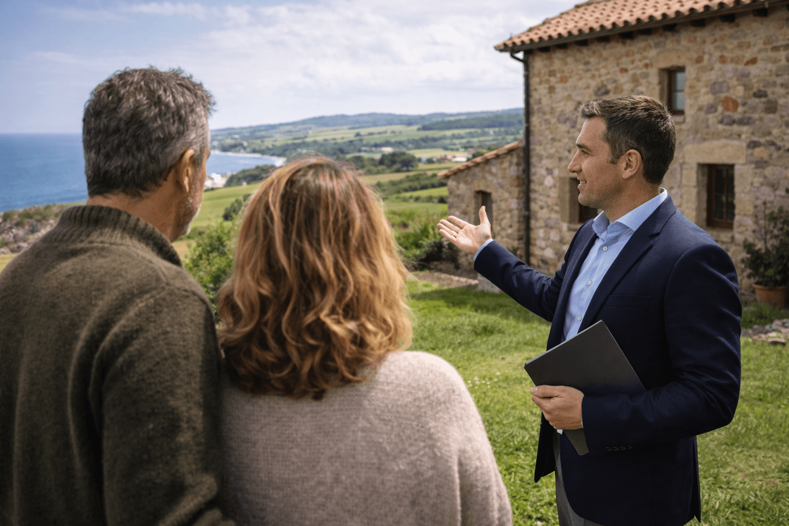 Vender casa Cóbreces - agente inmobiliario mostrando vivienda a compradores en Cantabria