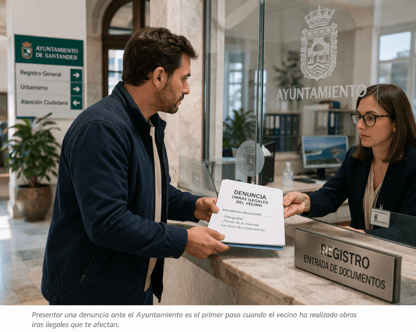 persona presentando denuncia por obras ilegales del vecino en el ayuntamiento